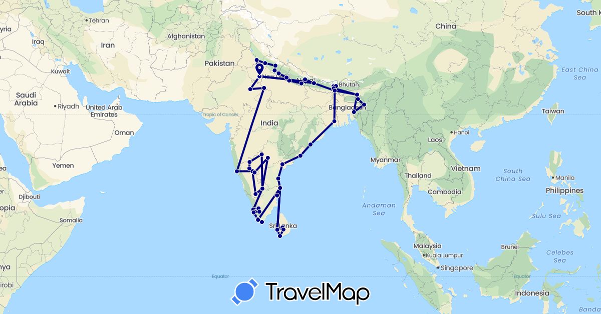 TravelMap itinerary: driving in India, Sri Lanka, Nepal (Asia)